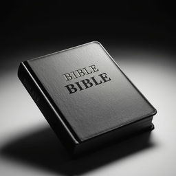 A high-contrast black and white photograph of a Bible, positioned to prominently display the title on the cover