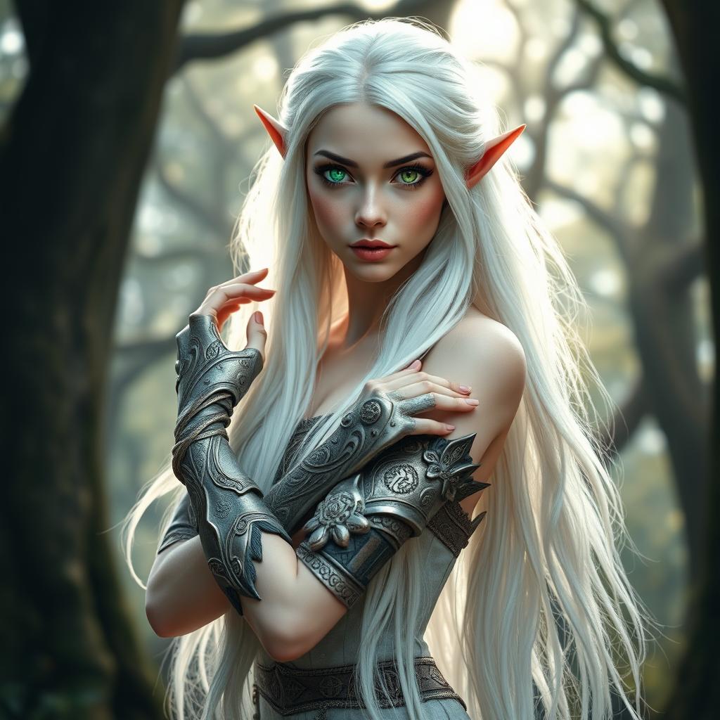 Portrait of an elf woman with pale skin, long white hair cascading down her back, and striking emerald green eyes