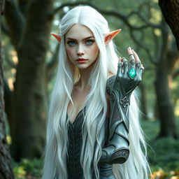 Portrait of an elf woman with pale skin, long white hair cascading down her back, and striking emerald green eyes