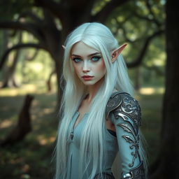 Portrait of an elf woman with pale skin, long white hair cascading down her back, and striking emerald green eyes