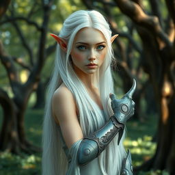 Portrait of an elf woman with pale skin, long white hair cascading down her back, and striking emerald green eyes