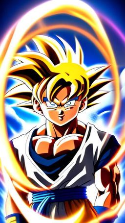 Anime-style profile picture of Goku from Dragon Ball, smiling broadly with his golden hair glowing, encased within a circular border.