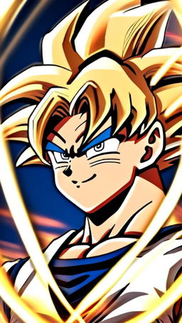 Anime-style profile picture of Goku from Dragon Ball, smiling broadly with his golden hair glowing, encased within a circular border.