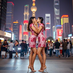 Two identical tall Chinese women with slender figures and long legs, each dressed in elegant short qipaos, are gently touching and sharing a tender kiss in the vibrant nighttime landscape of Shanghai