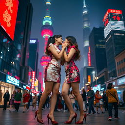 Two identical tall Chinese women with slender figures and long legs, each dressed in elegant short qipaos, are gently touching and sharing a tender kiss in the vibrant nighttime landscape of Shanghai