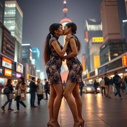 Two identical tall Chinese women with slender figures and long legs, each dressed in elegant short qipaos, are gently touching and sharing a tender kiss in the vibrant nighttime landscape of Shanghai