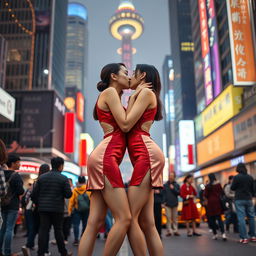 Two identical tall Chinese women with slender figures and long legs, dressed in striking short cheongsams with daring cutouts, are closely embracing and sharing a tender kiss