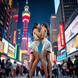 Two identical tall Chinese women with slender figures and long legs, dressed in striking short cheongsams with daring cutouts, are closely embracing and sharing a tender kiss