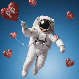 An astronaut gracefully falling through a sky filled with different sizes of shimmering hearts, holding a flag with the letter 'P' on it.