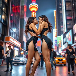 Two identical tall Chinese women with long legs and alluring figures, dressed in short, stylish cheongsams with bold cutouts, are closely embracing and tenderly touching each other's thighs and breasts while sharing a passionate kiss