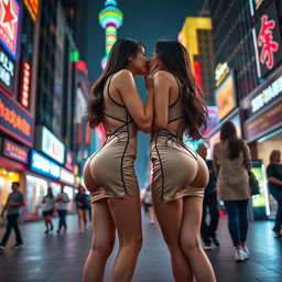 Two identical tall Chinese women with long legs and alluring figures, dressed in short, stylish cheongsams with bold cutouts, are closely embracing and tenderly touching each other's thighs and breasts while sharing a passionate kiss