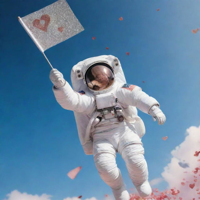 An astronaut gracefully falling through a sky filled with different sizes of shimmering hearts, holding a flag with the letter 'P' on it.