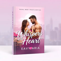 A romantic book cover design for "Whispers of the Heart" by EavyAria, featuring a well-built male and his romantic partner, set against a dreamy USA cityscape