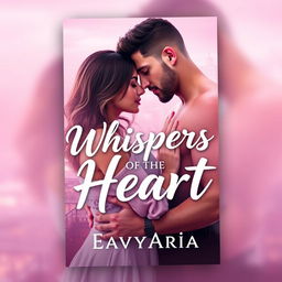 A romantic book cover design for "Whispers of the Heart" by EavyAria, featuring a well-built male and his romantic partner, set against a dreamy USA cityscape