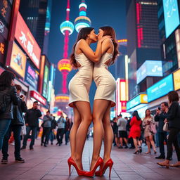 From a frontal view, two identical tall Chinese women with long legs and poised in high heels, exhibit their striking figures in short, stylish cheongsam dresses with bold cutouts