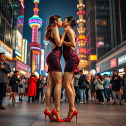 From a frontal view, two identical tall Chinese women with long legs and poised in high heels, exhibit their striking figures in short, stylish cheongsam dresses with bold cutouts