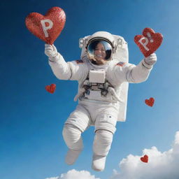 An astronaut gracefully falling through a sky filled with different sizes of shimmering hearts, holding a flag with the letter 'P' on it.