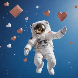 An astronaut gracefully falling through a sky filled with different sizes of shimmering hearts, holding a flag with the letter 'P' on it.