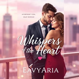 A soft romance book cover design for "Whispers of the Heart" by EavyAria, featuring a well-built male and his romantic partner, set against an elegant USA cityscape