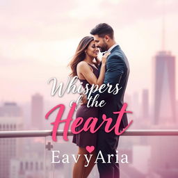 A soft romance book cover design for "Whispers of the Heart" by EavyAria, featuring a well-built male and his romantic partner, set against an elegant USA cityscape