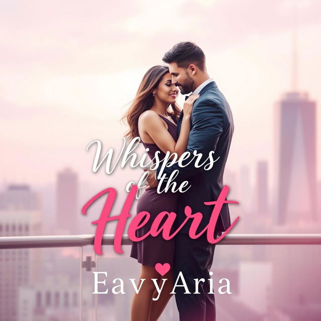 A soft romance book cover design for "Whispers of the Heart" by EavyAria, featuring a well-built male and his romantic partner, set against an elegant USA cityscape