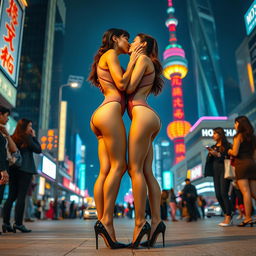 From a frontal view, two identical tall Chinese women with long legs and striking figures, poised in high heels, are dressed in transparent nylon leotards featuring daring cutouts