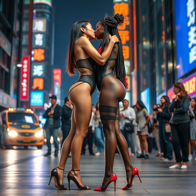 A skinny tall Chinese woman with long legs, dressed in high heels and a transparent nylon leotard with bold cutouts, closely embraces a tall, slim, athletic black girl with intricately braided hair and an impressive figure