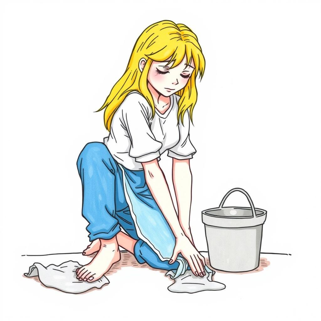 Cenerentola is kneeling on the floor while cleaning with a rag