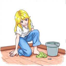 Cenerentola is kneeling on the floor while cleaning with a rag