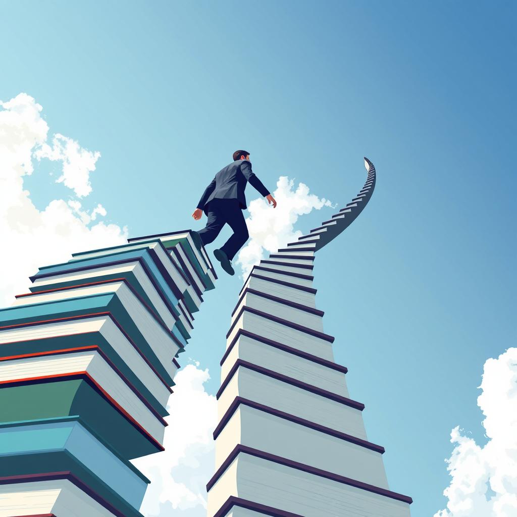 A modern and minimalist vector-based book cover from a low-angle perspective, featuring a man in a suit climbing a spiral staircase made of books that ascends into the sky