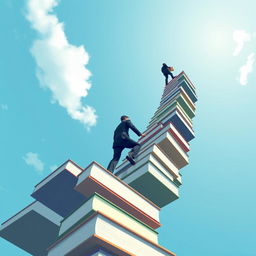 A modern and minimalist vector-based book cover from a low-angle perspective, featuring a man in a suit climbing a spiral staircase made of books that ascends into the sky