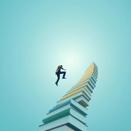 A modern and minimalist vector-based book cover from a low-angle perspective, featuring a man in a suit climbing a spiral staircase made of books that ascends into the sky