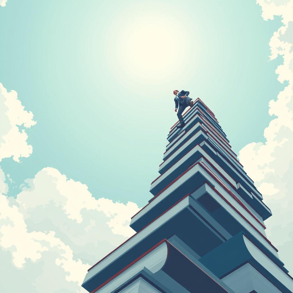 A modern and minimalist vector-based book cover from a low-angle perspective, featuring a man in a suit climbing a spiral staircase made of books that ascends into the sky