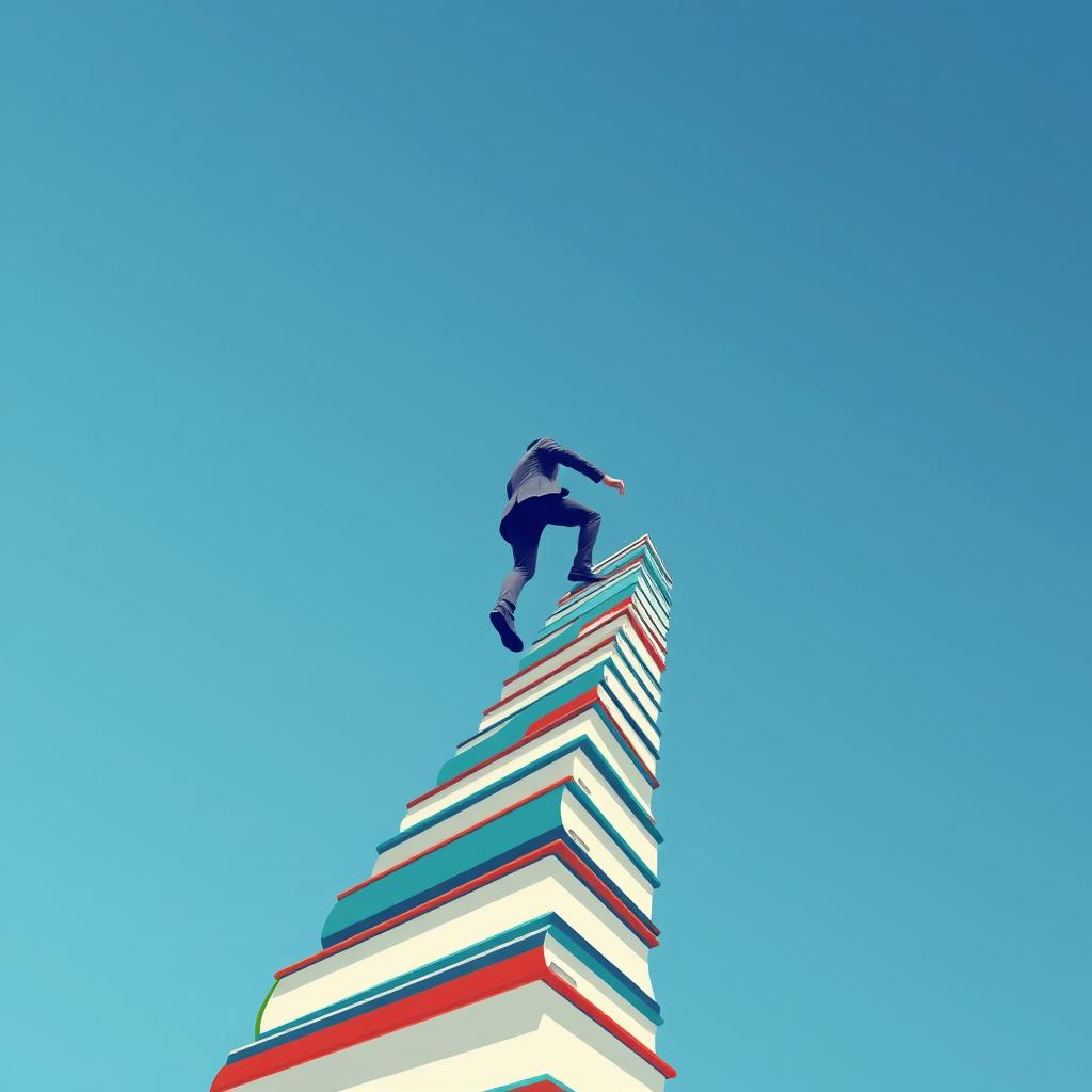 A modern and minimalist vector-based book cover from a low-angle perspective, featuring a man in a suit climbing a staircase made of books that ascends into the sky