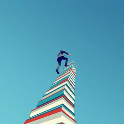 A modern and minimalist vector-based book cover from a low-angle perspective, featuring a man in a suit climbing a staircase made of books that ascends into the sky