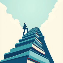 A modern and minimalist vector-based book cover from a low-angle perspective, featuring a man in a suit climbing a staircase made of books that ascends into the sky