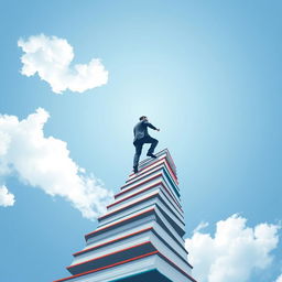 A modern and minimalist vector-based book cover from a low-angle perspective, featuring a man in a suit climbing a staircase made of books that ascends into the sky