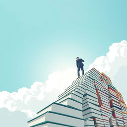 A modern and minimalist vector-based book cover from a low-angle perspective, featuring a man in a suit climbing a staircase made of books that ascends into the sky