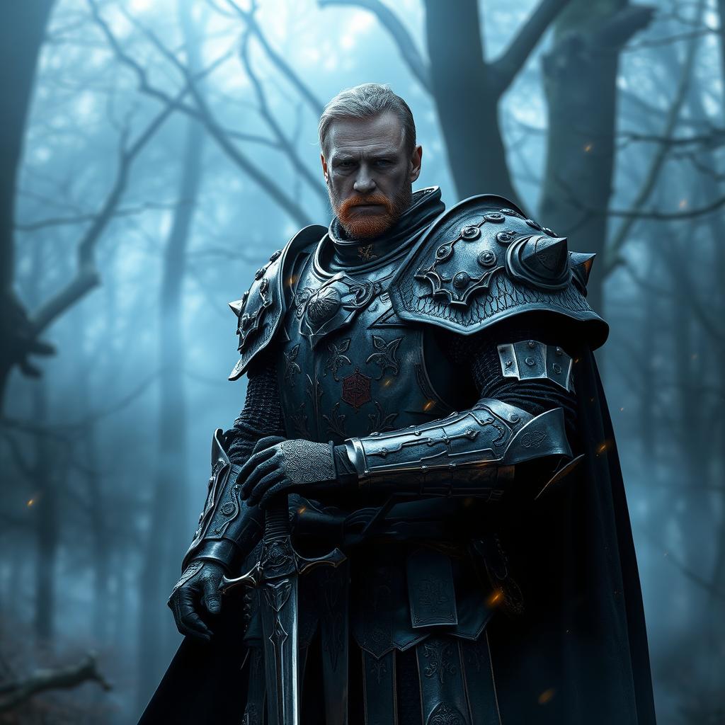 A Dungeons & Dragons knight resembling Liam Neeson, wearing intricate medieval armor, with a holographic flickering effect creating a shimmering, ethereal appearance