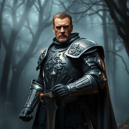 A Dungeons & Dragons knight resembling Liam Neeson, wearing intricate medieval armor, with a holographic flickering effect creating a shimmering, ethereal appearance