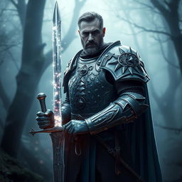 A Dungeons & Dragons knight resembling Liam Neeson, wearing intricate medieval armor, with a holographic flickering effect creating a shimmering, ethereal appearance