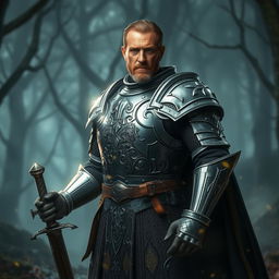 A Dungeons & Dragons knight resembling Liam Neeson, wearing intricate medieval armor, with a holographic flickering effect creating a shimmering, ethereal appearance