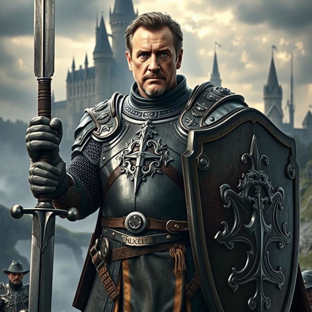 Liam Neeson portrayed as a Dungeons & Dragons knight, donning detailed medieval armor with a majestic, imposing presence