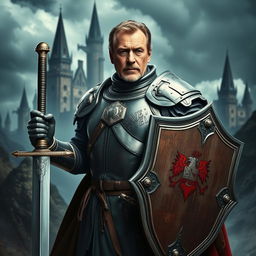 Liam Neeson portrayed as a Dungeons & Dragons knight, donning detailed medieval armor with a majestic, imposing presence