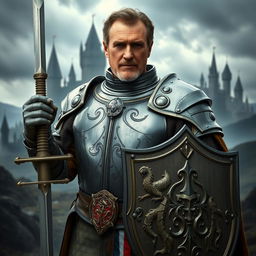 Liam Neeson portrayed as a Dungeons & Dragons knight, donning detailed medieval armor with a majestic, imposing presence