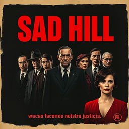 A noir-style movie poster for a film titled "SAD HILL" with bold red letters