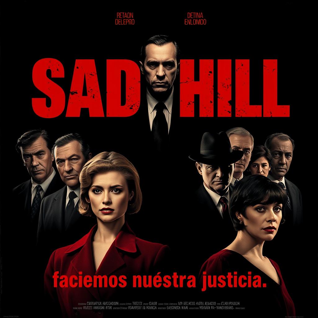 A noir-style movie poster for a film titled "SAD HILL" with bold red letters