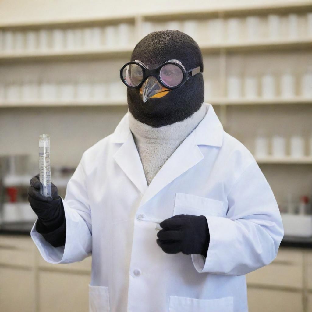 A penguin dressed in a white lab coat with safety goggles on, holding a test tube, inside a science laboratory.