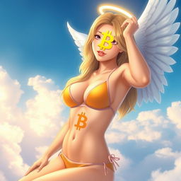 A beautiful Japanese woman, 18 years old, with alluring curves and large breasts, styled with blonde hair, wearing a bikini featuring a Bitcoin logo