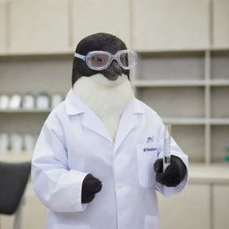 A penguin dressed in a white lab coat with safety goggles on, holding a test tube, inside a science laboratory.